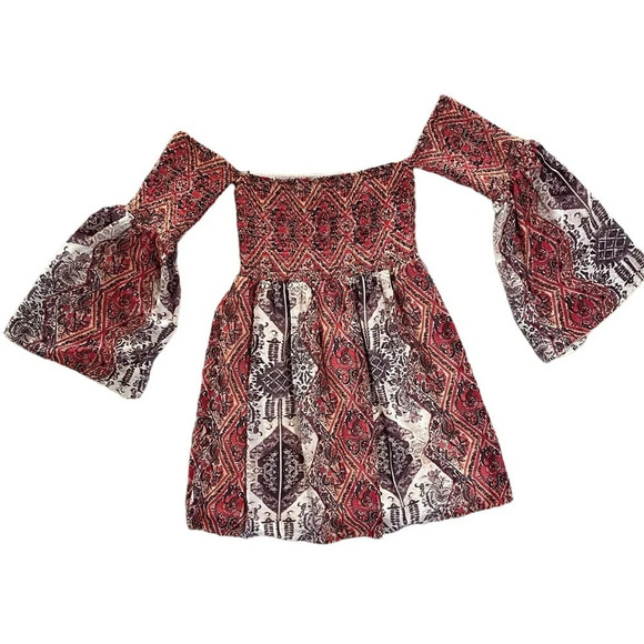 Forever 21 Boho Paisley Off The Shoulder Smocked Mini Dress Size Small Festival - Picture 4 of 4